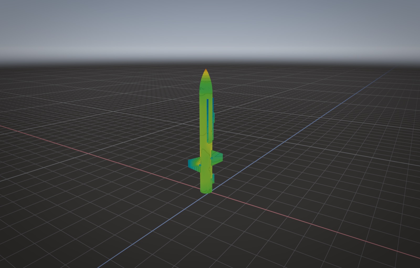 The rocket coloured by surface pressure from a CFD solution, red at the nose tip.